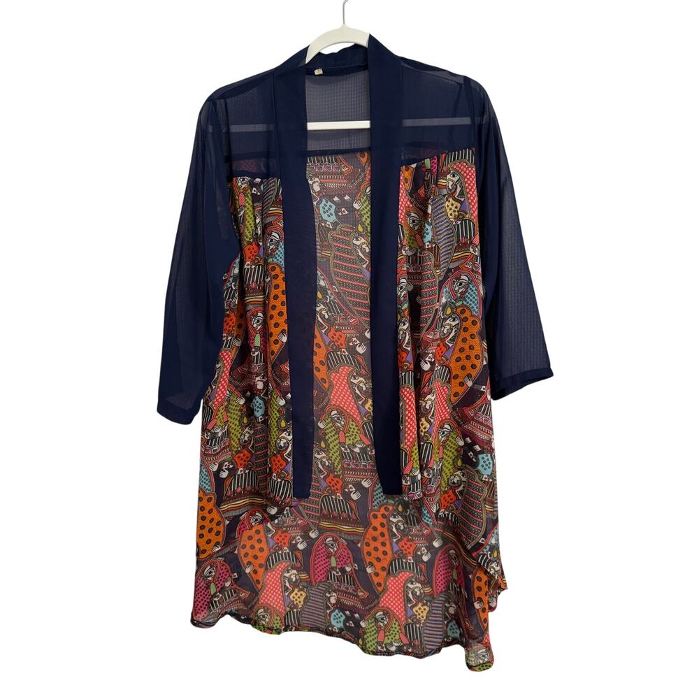 Womens M Colorful Art Open Front Sheer 3/4 Sleeve Hi Lo Cardigan Travel Egyptian